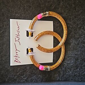 Betsey Johnson Book Smart Gold Tone Glitter Enamel Pencil Hoop Earrings NWT